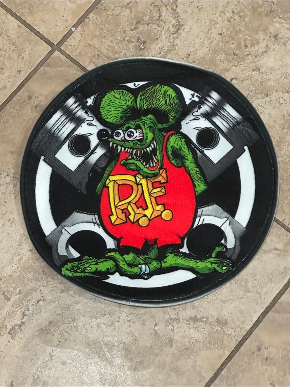 Rat Fink Round Accent Rug– Green & Red Cartoon Driver Graphic